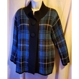 Dressbarn Woman's Sweater Cardigan Black/blue Plaid Style 2 Buttons, Size XL Vtg